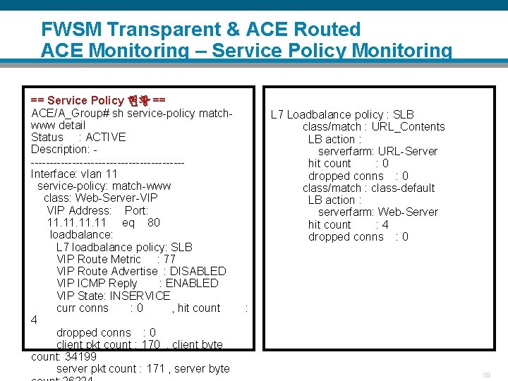 FWSM Transparent & ACE Routed ACE Monitoring – Service Policy Monitoring == Service Policy