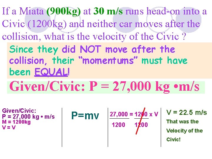 If a Miata (900 kg) at 30 m/s runs head-on into a Civic (1200