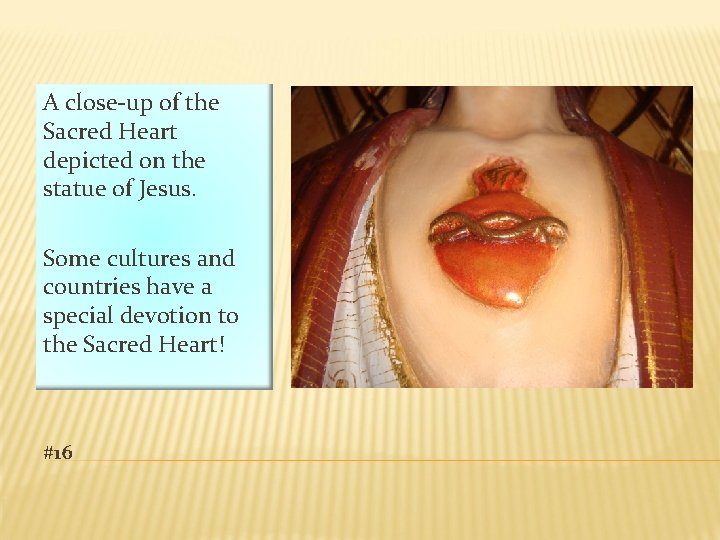 A close-up of the Sacred Heart depicted on the statue of Jesus. Some cultures