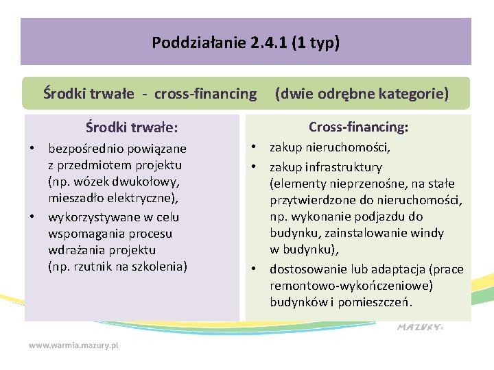 Poddziałanie 2. 4. 1 (1 typ) Środki trwałe - cross-financing Środki trwałe: • bezpośrednio