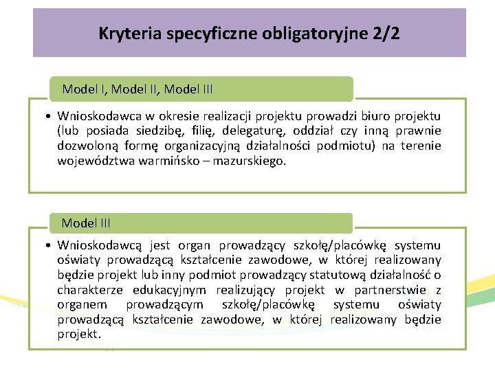 Kryteria specyficzne obligatoryjne 2/2 Model I, Model III • Wnioskodawca w okresie realizacji projektu Kryteria specyficzne obligatoryjne 2/2 Model I, Model III • Wnioskodawca w okresie realizacji projektu