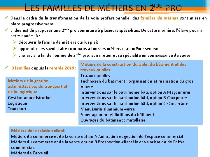 LES FAMILLES DE MÉTIERS EN 2 NDE PRO ü Dans le cadre de la