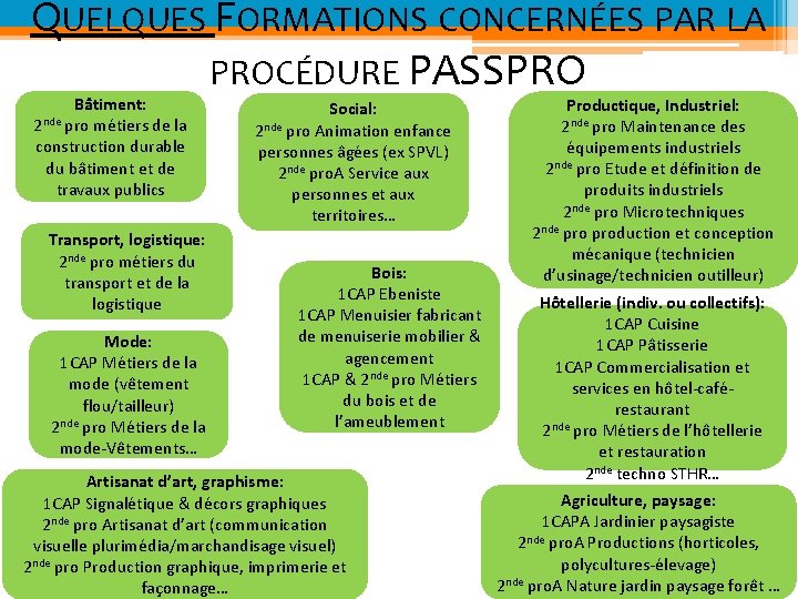 QUELQUES FORMATIONS CONCERNÉES PAR LA PROCÉDURE PASSPRO Bâtiment: 2 nde pro métiers de la