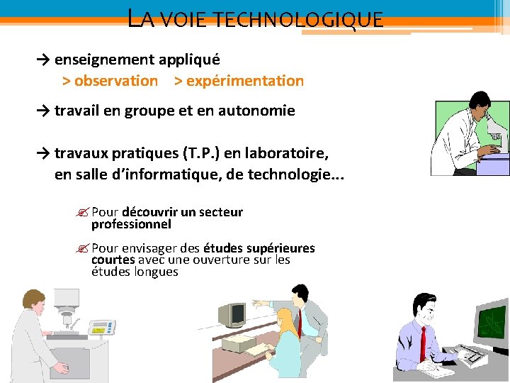 LA VOIE TECHNOLOGIQUE → enseignement appliqué > observation > expérimentation → travail en groupe