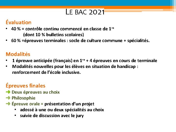 LE BAC 2021 Évaluation • 40 % = contrôle continu commencé en classe de