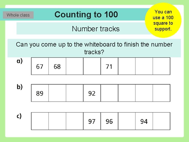Whole class Counting to 100 Number tracks You can use a 100 square to