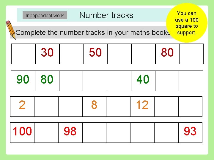 Independent work Number tracks Complete the number tracks in your maths books. 30 50