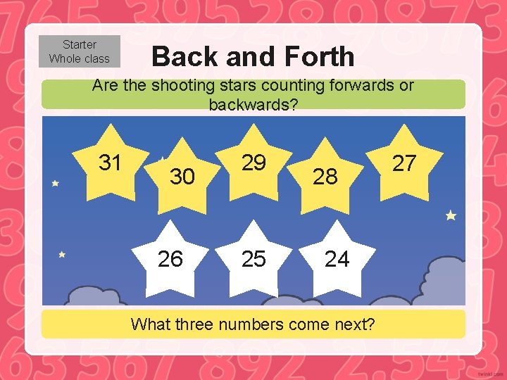 Starter Whole class Back and Forth Are the shooting stars counting forwards or backwards?