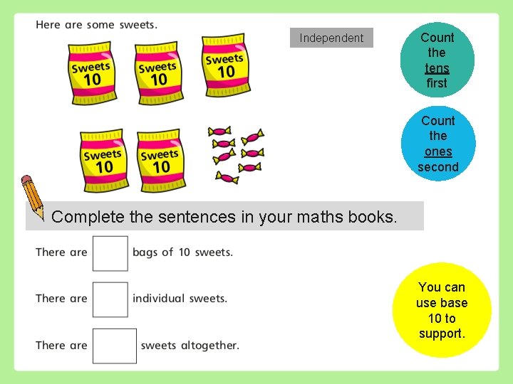 Independent Count the tens first Count the ones second Complete the sentences in your