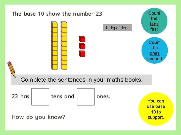 Independent Count the tens first Count the ones second Complete the sentences in your