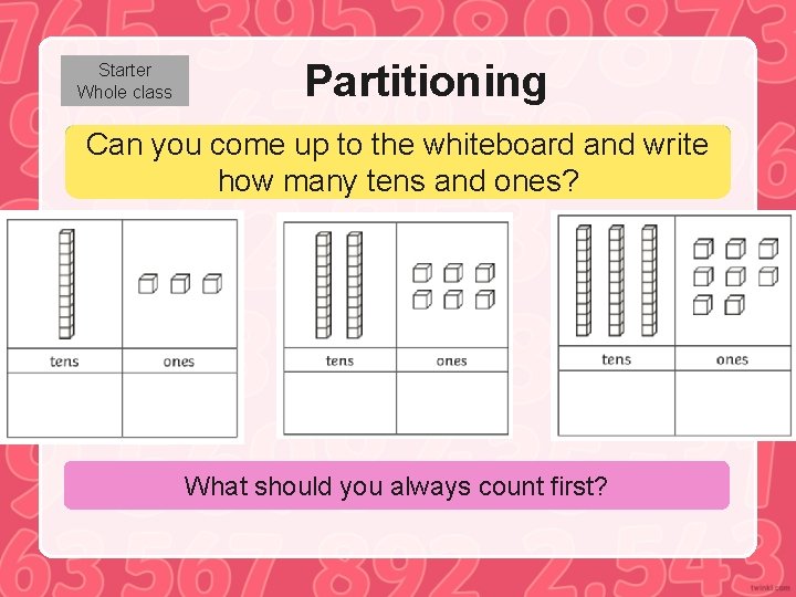 Starter Whole class Partitioning Can you Let’s come up to the whiteboard count forwards