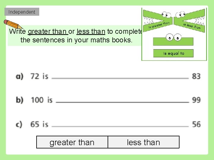 Independent Write greater than or less than to complete the sentences in your maths