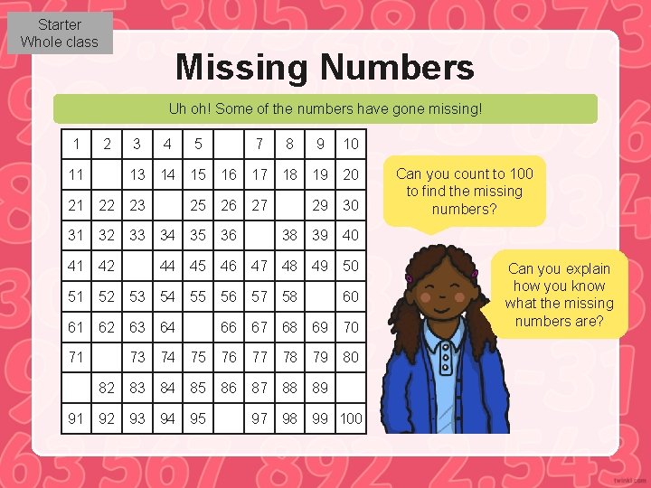 Starter Whole class Missing Numbers Uh oh! Some of the numbers have gone missing!