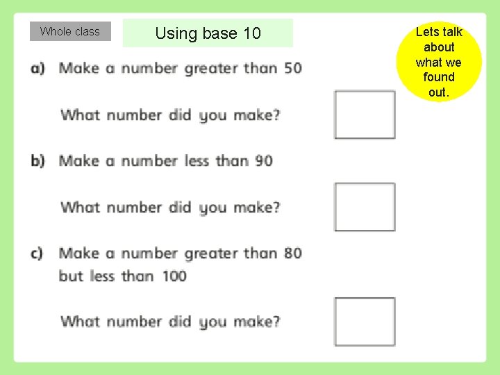 Whole class Using base 10 Lets talk about what we found out. 