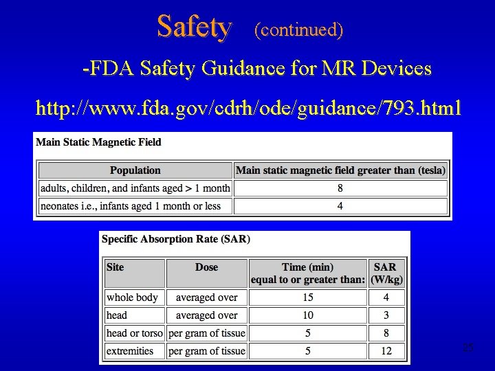Safety (continued) -FDA Safety Guidance for MR Devices http: //www. fda. gov/cdrh/ode/guidance/793. html 25