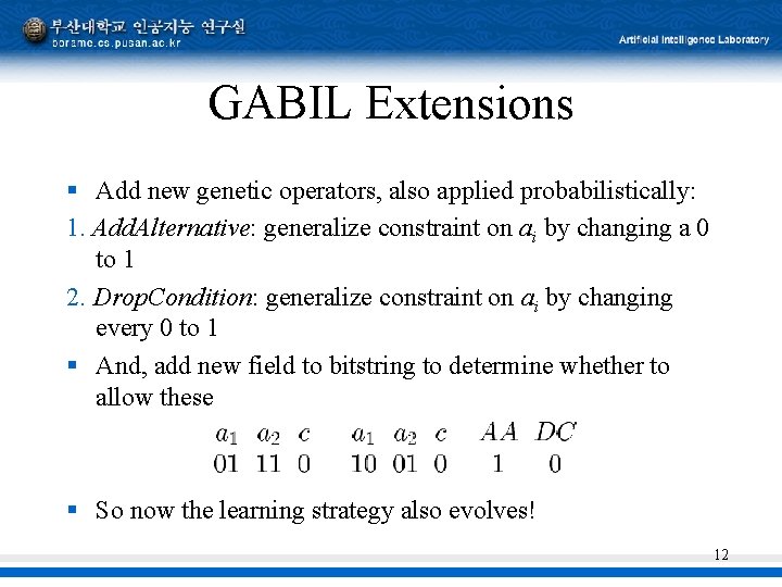 GABIL Extensions § Add new genetic operators, also applied probabilistically: 1. Add. Alternative: generalize GABIL Extensions § Add new genetic operators, also applied probabilistically: 1. Add. Alternative: generalize