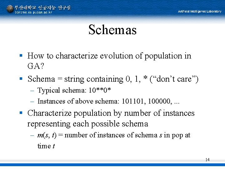 Schemas § How to characterize evolution of population in GA? § Schema = string Schemas § How to characterize evolution of population in GA? § Schema = string