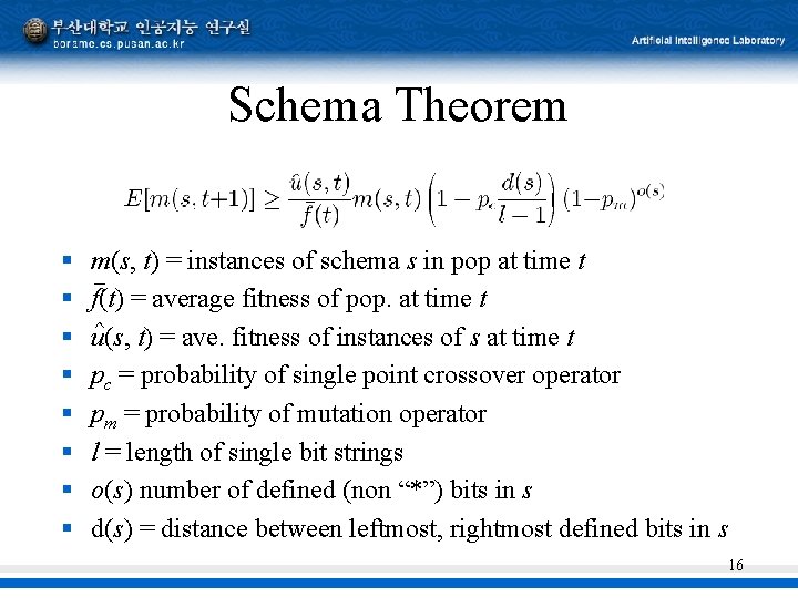 Schema Theorem § § § § m(s, t) = instances of schema s in Schema Theorem § § § § m(s, t) = instances of schema s in