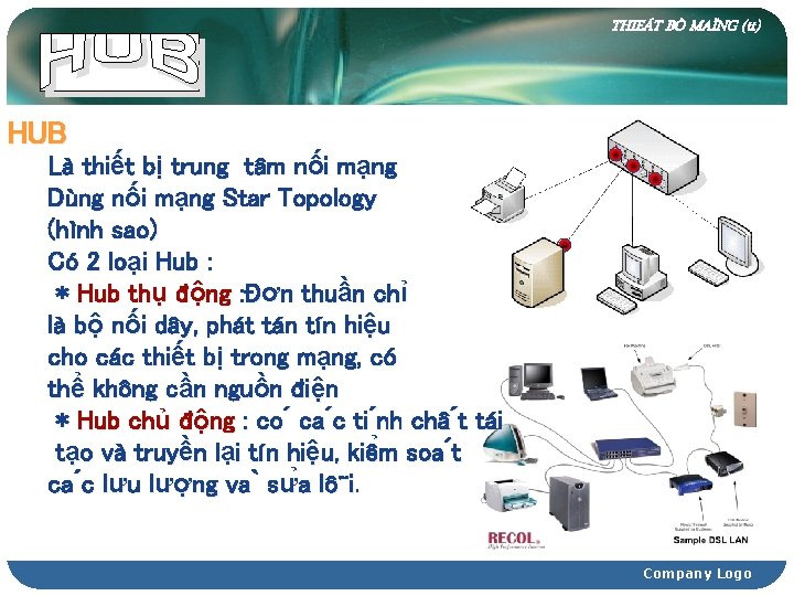 THIEÁT BÒ MAÏNG (tt) HUB Là thiết bị trung tâm nối mạng Dùng nối