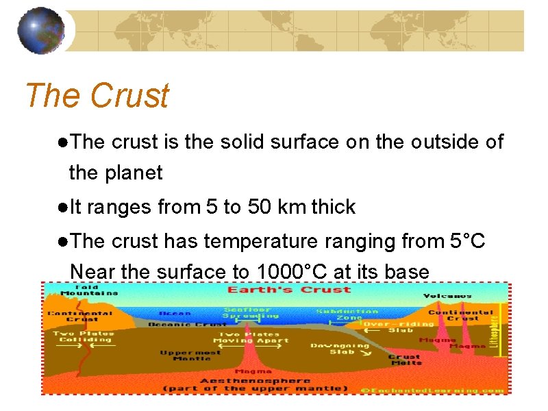 The Crust ●The crust is the solid surface on the outside of the planet