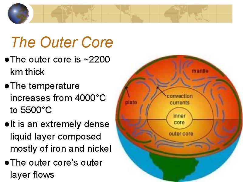 The Outer Core ●The outer core is ~2200 km thick ●The temperature increases from