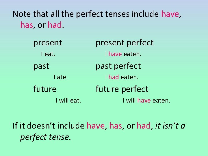 Note that all the perfect tenses include have, has, or had. present perfect I