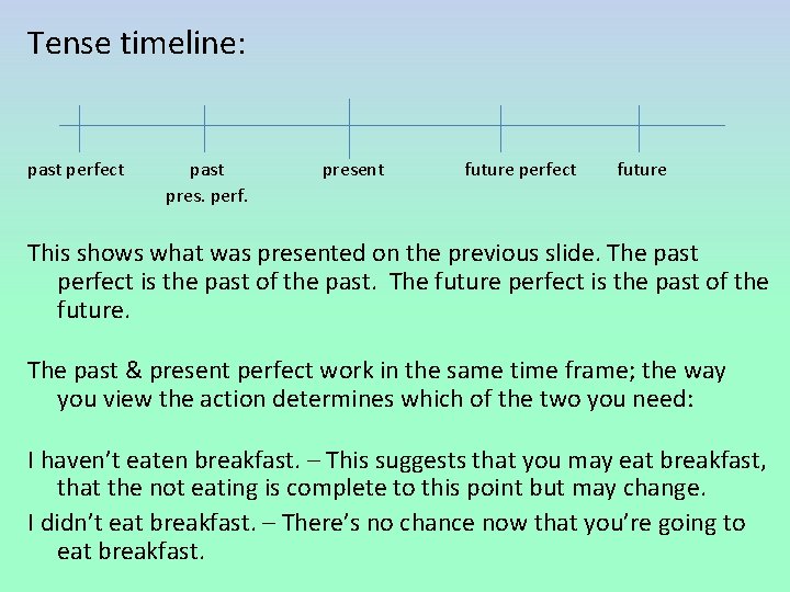 Tense timeline: past perfect past pres. perf. present future perfect future This shows what