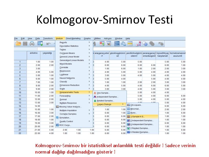 Kolmogorov-Smirnov Testi Kolmogorov-Smirnov bir istatistiksel anlamlılık testi değildir ! Sadece verinin normal dağılıp dağılmadığını Kolmogorov-Smirnov Testi Kolmogorov-Smirnov bir istatistiksel anlamlılık testi değildir ! Sadece verinin normal dağılıp dağılmadığını