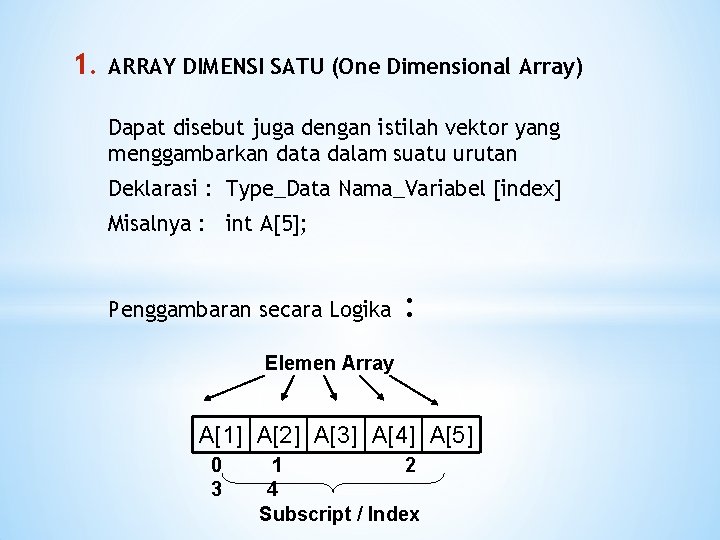 1. ARRAY DIMENSI SATU (One Dimensional Array) Dapat disebut juga dengan istilah vektor yang