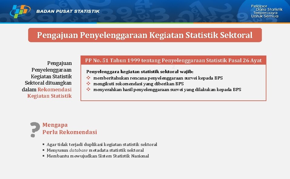 Pengajuan Penyelenggaraan Kegiatan Statistik Sektoral dituangkan dalam Rekomendasi Kegiatan Statistik PP No. 51 Tahun