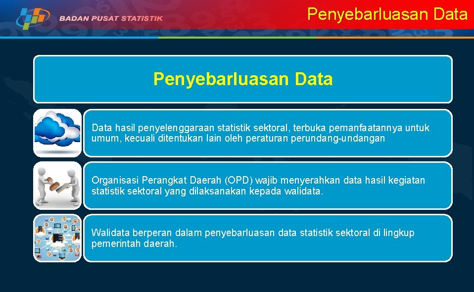 Penyebarluasan Data hasil penyelenggaraan statistik sektoral, terbuka pemanfaatannya untuk umum, kecuali ditentukan lain oleh