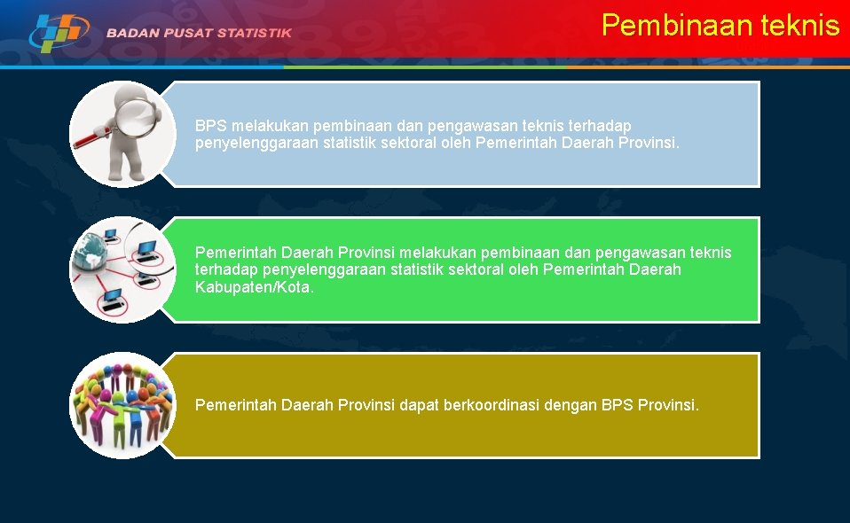 Pembinaan teknis BPS melakukan pembinaan dan pengawasan teknis terhadap penyelenggaraan statistik sektoral oleh Pemerintah