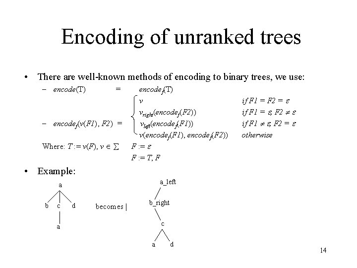 Encoding of unranked trees • There are well-known methods of encoding to binary trees, Encoding of unranked trees • There are well-known methods of encoding to binary trees,