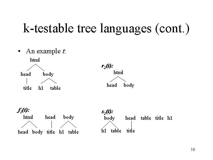k-testable tree languages (cont. ) • An example t: html head title r 2(t): k-testable tree languages (cont. ) • An example t: html head title r 2(t):
