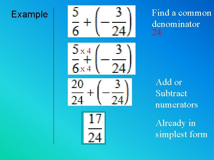 Find a common denominator 24 Example x 4 Add or Subtract numerators Already in