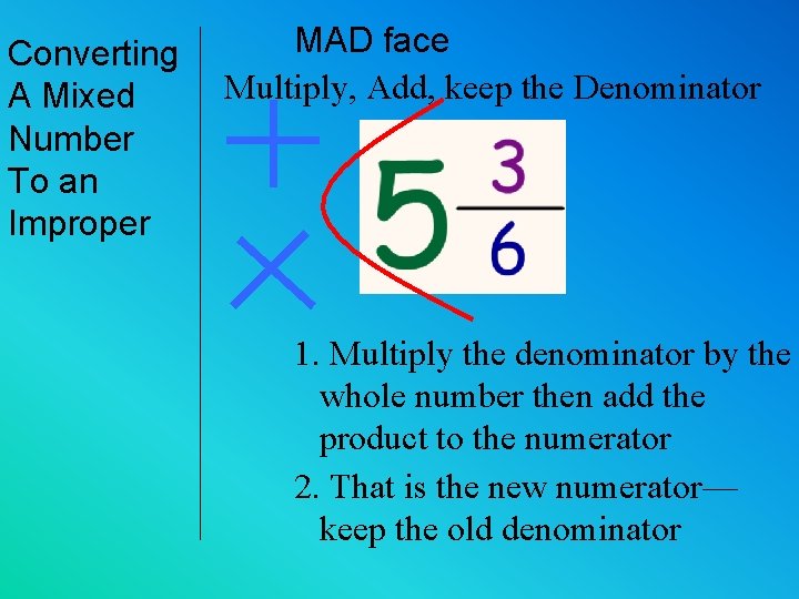 Converting A Mixed Number To an Improper MAD face Multiply, Add, keep the Denominator