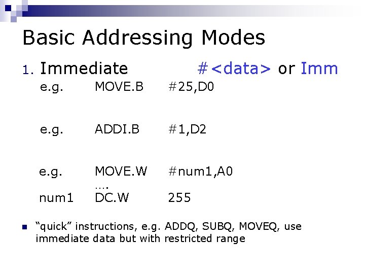 Basic Addressing Modes 1. Immediate e. g. MOVE. B #25, D 0 e. g.