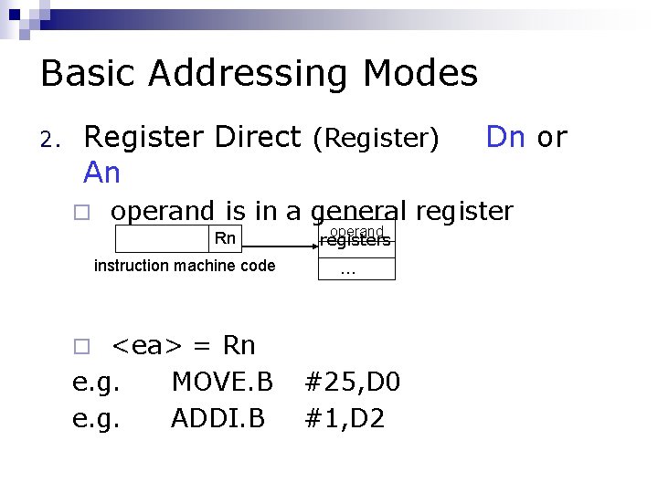 Basic Addressing Modes 2. Register Direct (Register) An ¨ Dn or operand is in