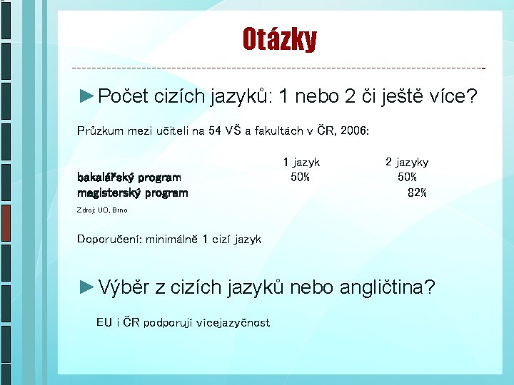 Otázky ►Počet cizích jazyků: 1 nebo 2 či ještě více? Průzkum mezi učiteli na