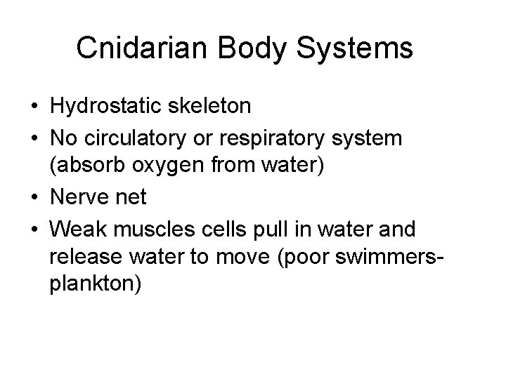 Cnidarian Body Systems • Hydrostatic skeleton • No circulatory or respiratory system (absorb oxygen