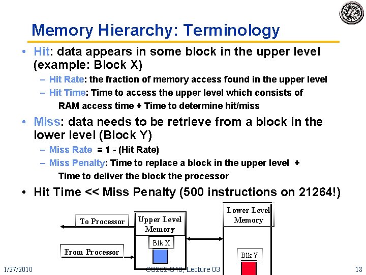Memory Hierarchy: Terminology • Hit: data appears in some block in the upper level