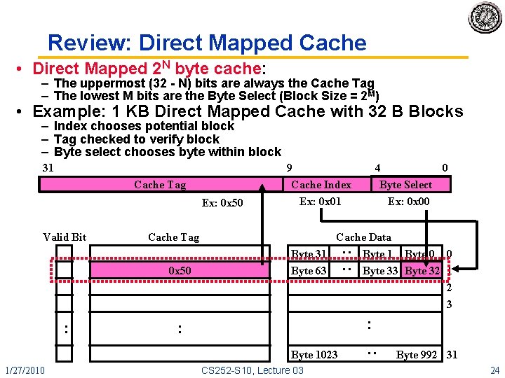 Review: Direct Mapped Cache • Direct Mapped 2 N byte cache: – The uppermost