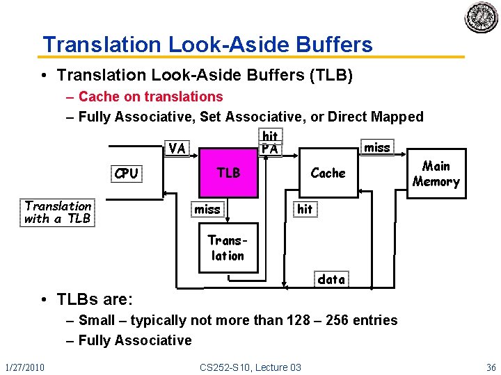 Translation Look-Aside Buffers • Translation Look-Aside Buffers (TLB) – Cache on translations – Fully