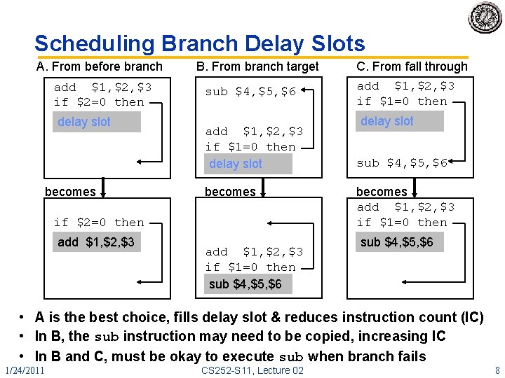 Scheduling Branch Delay Slots A. From before branch add $1, $2, $3 if $2=0