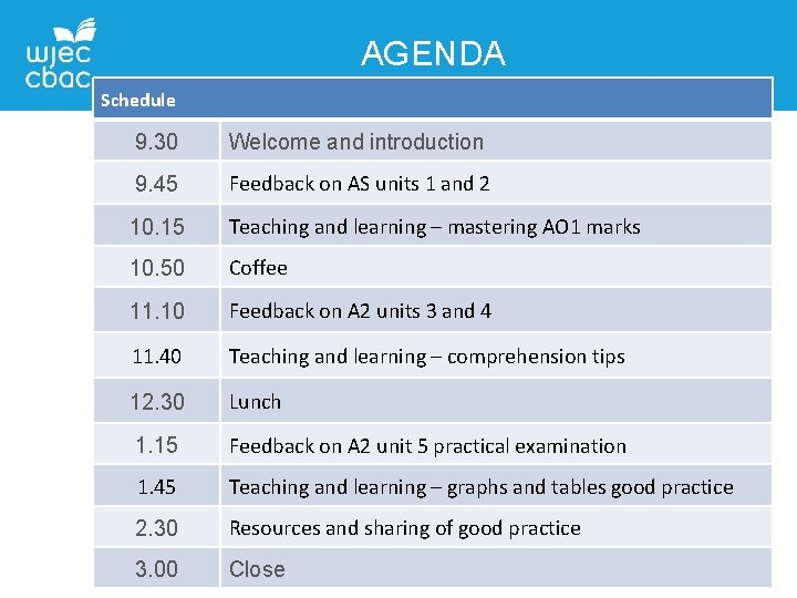 AGENDA Schedule 9. 30 Welcome and introduction 9. 45 Feedback on AS units 1