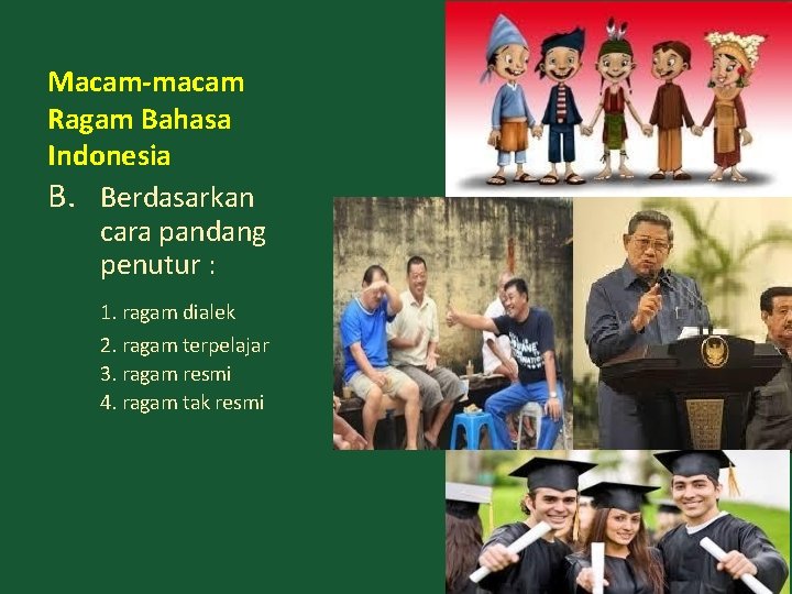 Macam-macam Ragam Bahasa Indonesia B. Berdasarkan cara pandang penutur : 1. ragam dialek 2.