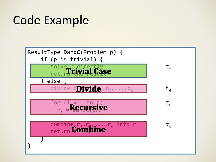 Code Example Result. Type Dand. C(Problem p) { if (p is trivial) { solve