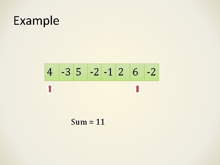 Example 4 -3 5 -2 -1 2 6 -2 Sum = 11 