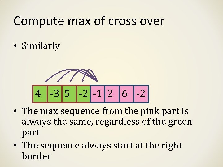 Compute max of cross over • Similarly 4 -3 5 -2 -1 2 6