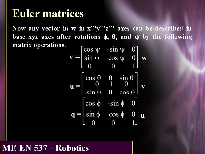 Euler matrices Now any vector in w in x'"y'"z'" axes can be described in